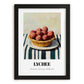 Lychee – on Striped Tablecloth, Fruit Still Life, in sleek black frame