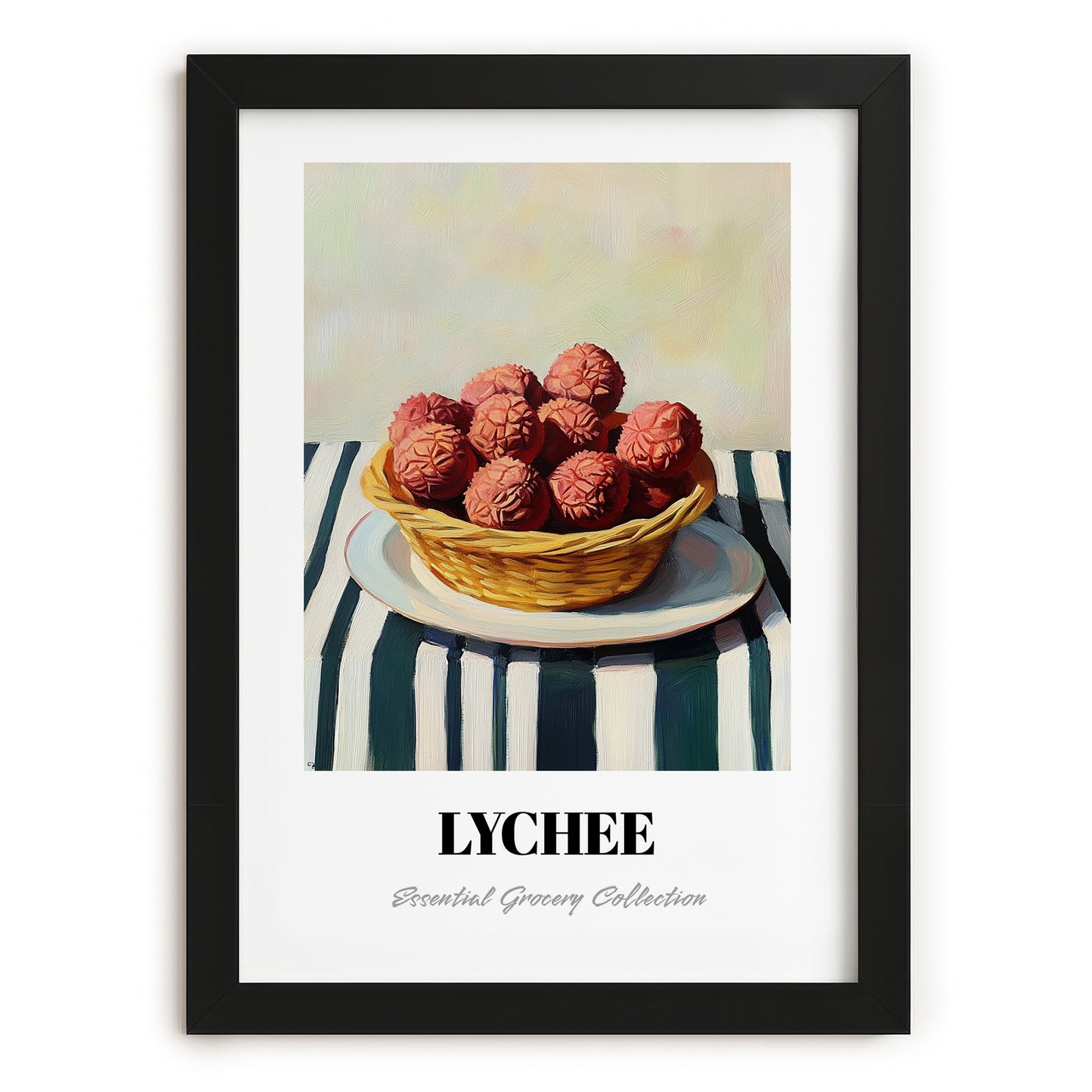 Lychee – on Striped Tablecloth, Fruit Still Life, in sleek black frame