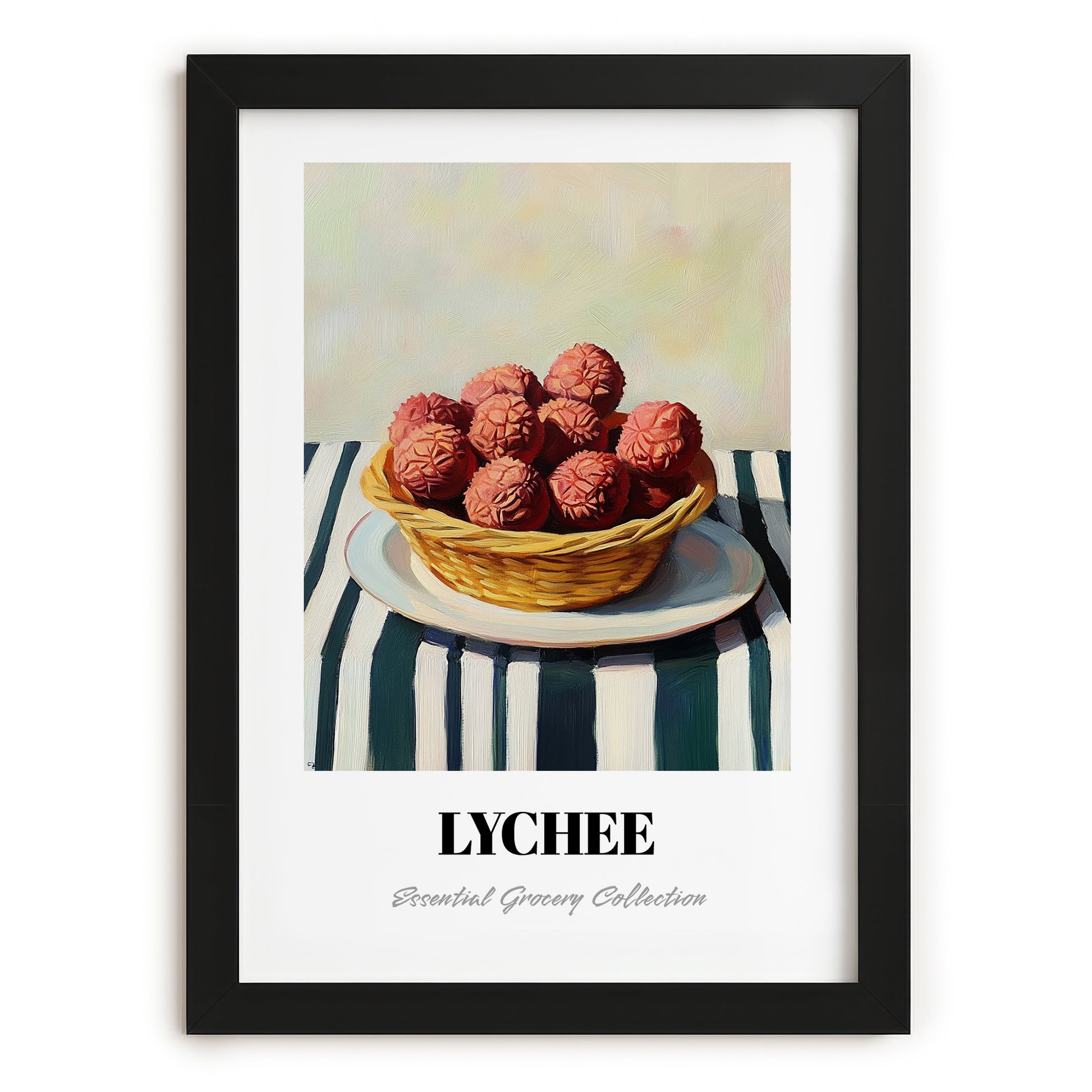 Lychee – on Striped Tablecloth, Fruit Still Life, in sleek black frame