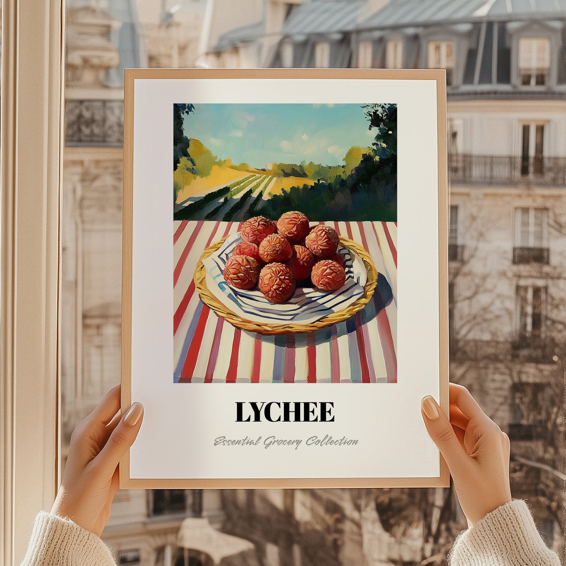 Lychee – Green Valley Landscape, Fruit Still Life, styled in a charming Paris street view