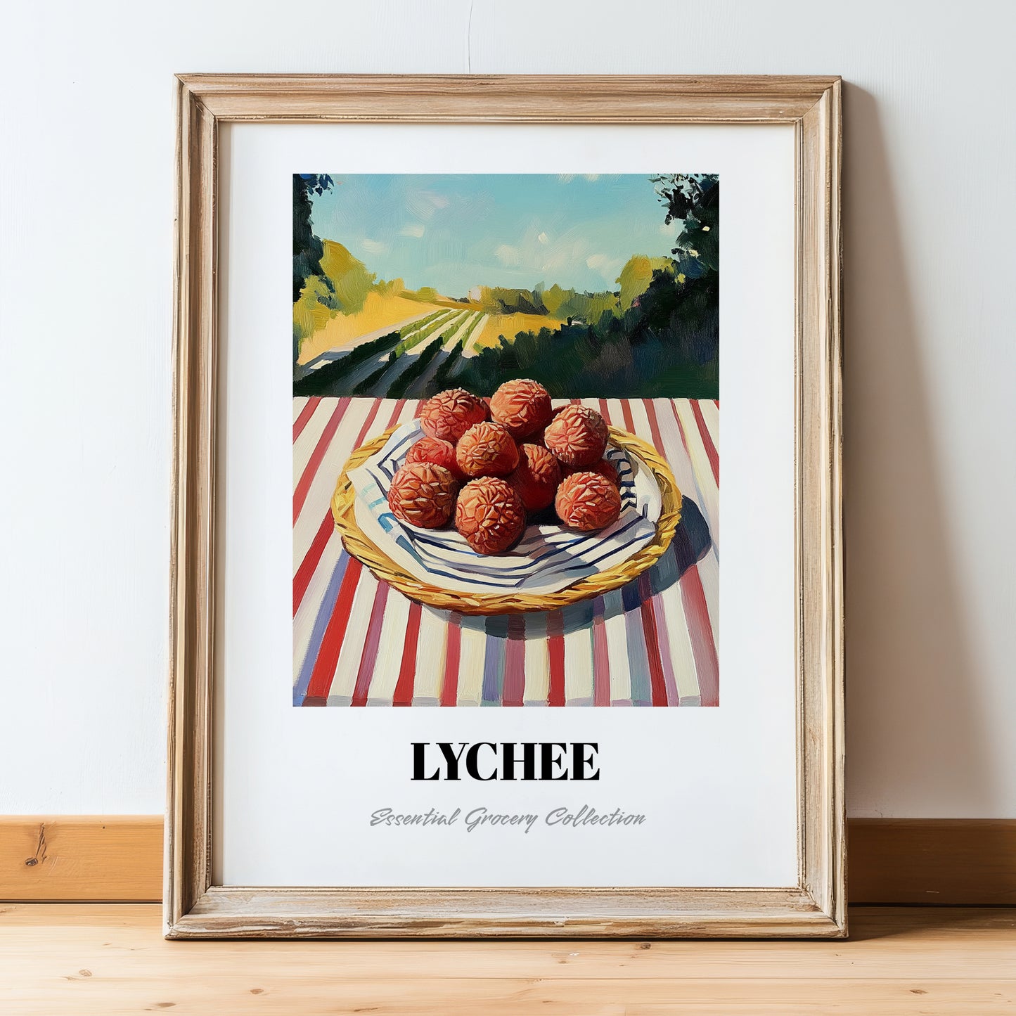 Lychee – Green Valley Landscape, Fruit Still Life, in wooden frame leaning on the floor