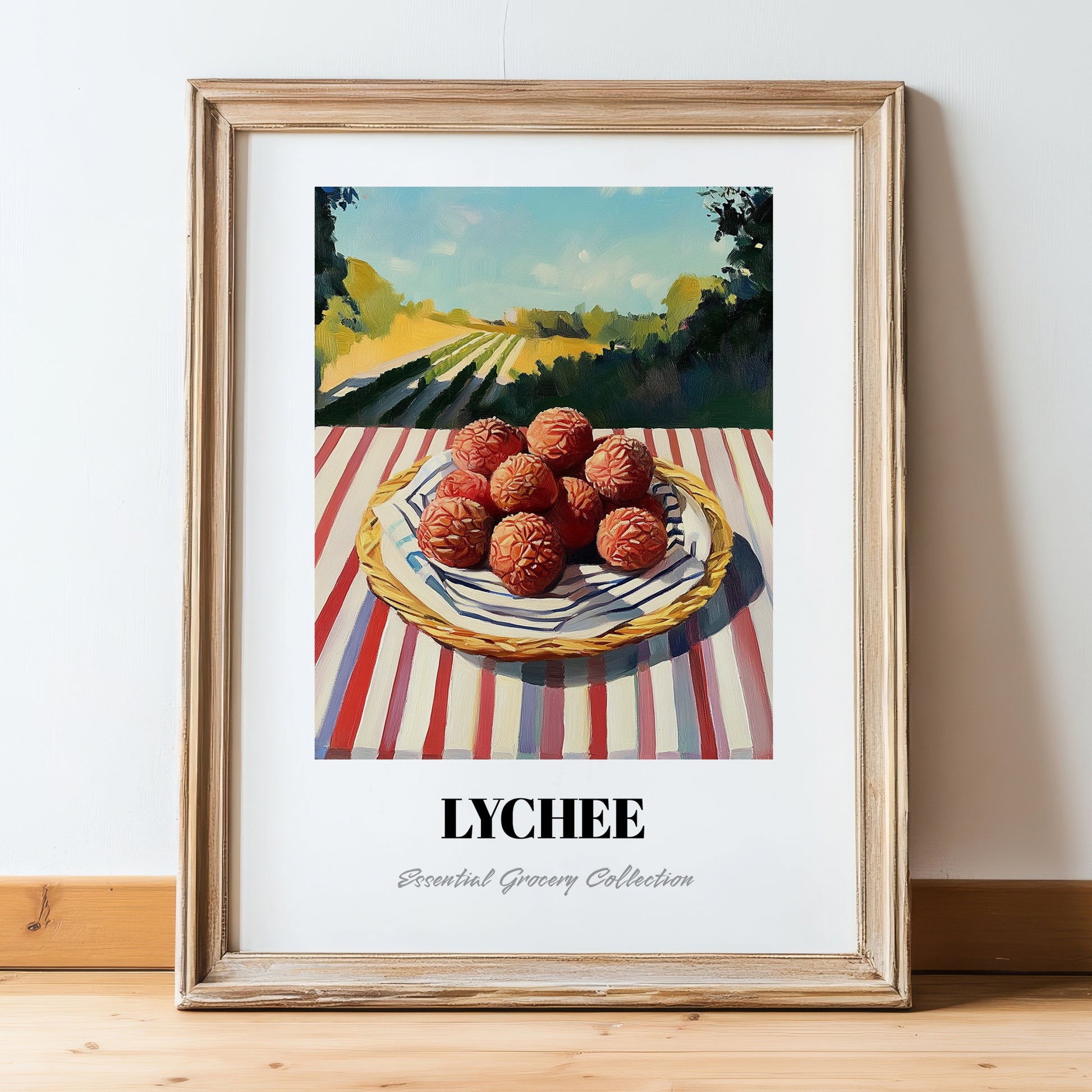 Lychee – Green Valley Landscape, Fruit Still Life, in wooden frame leaning on the floor