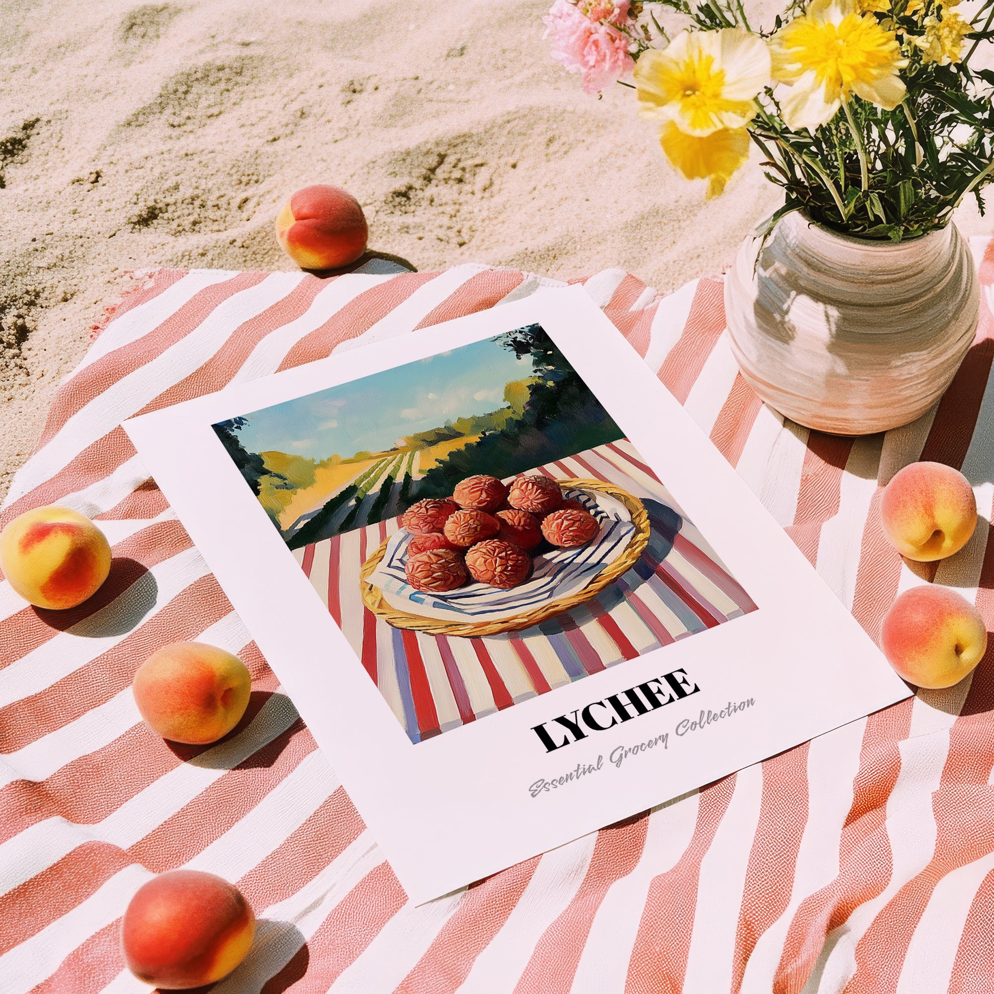 Lychee – Green Valley Landscape, Fruit Still Life, unframed on coastal sand