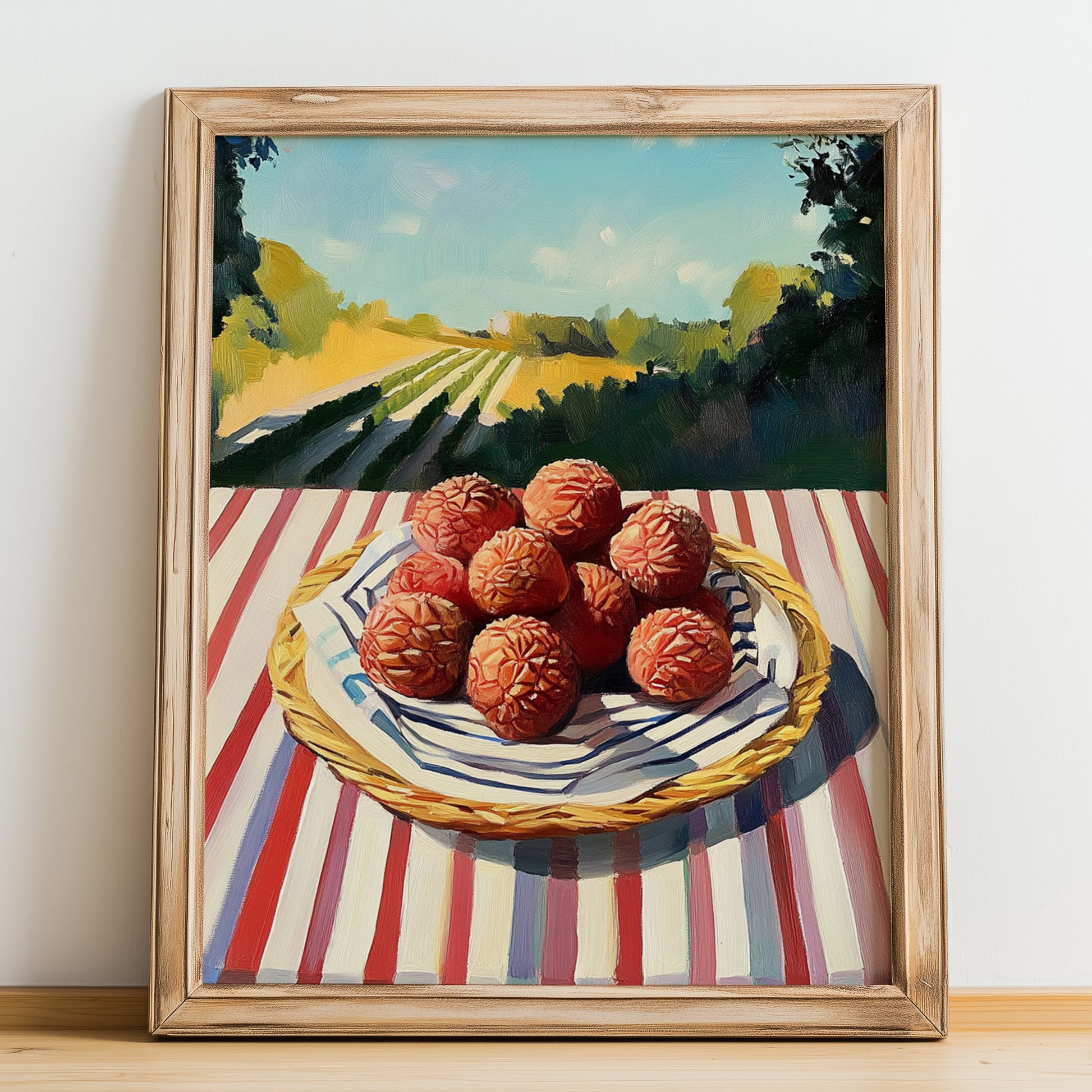 Lychee – Green Valley Landscape, Fruit Still Life, no-text version framed in wood