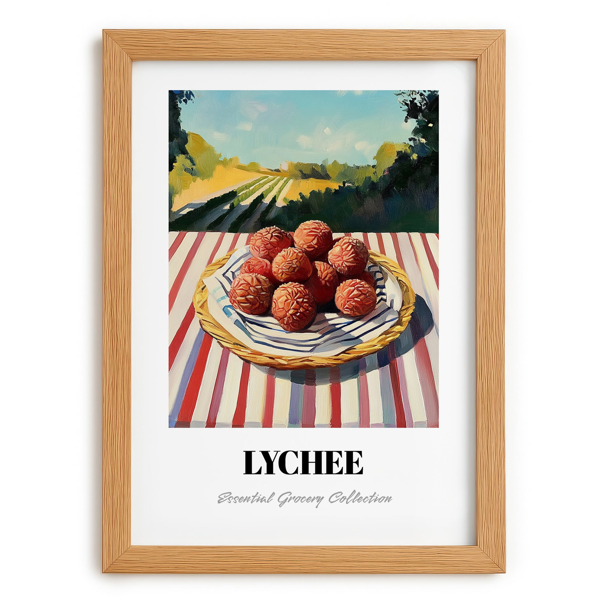 Lychee – Green Valley Landscape, Fruit Still Life, set in oak frame