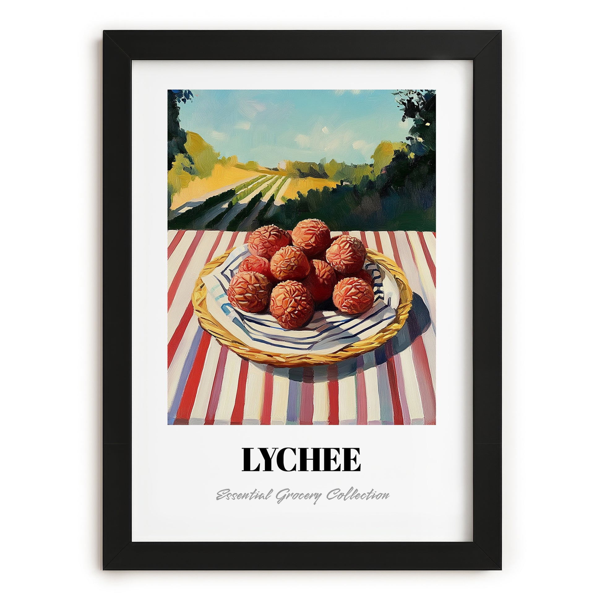 Lychee – Green Valley Landscape, Fruit Still Life, in sleek black frame