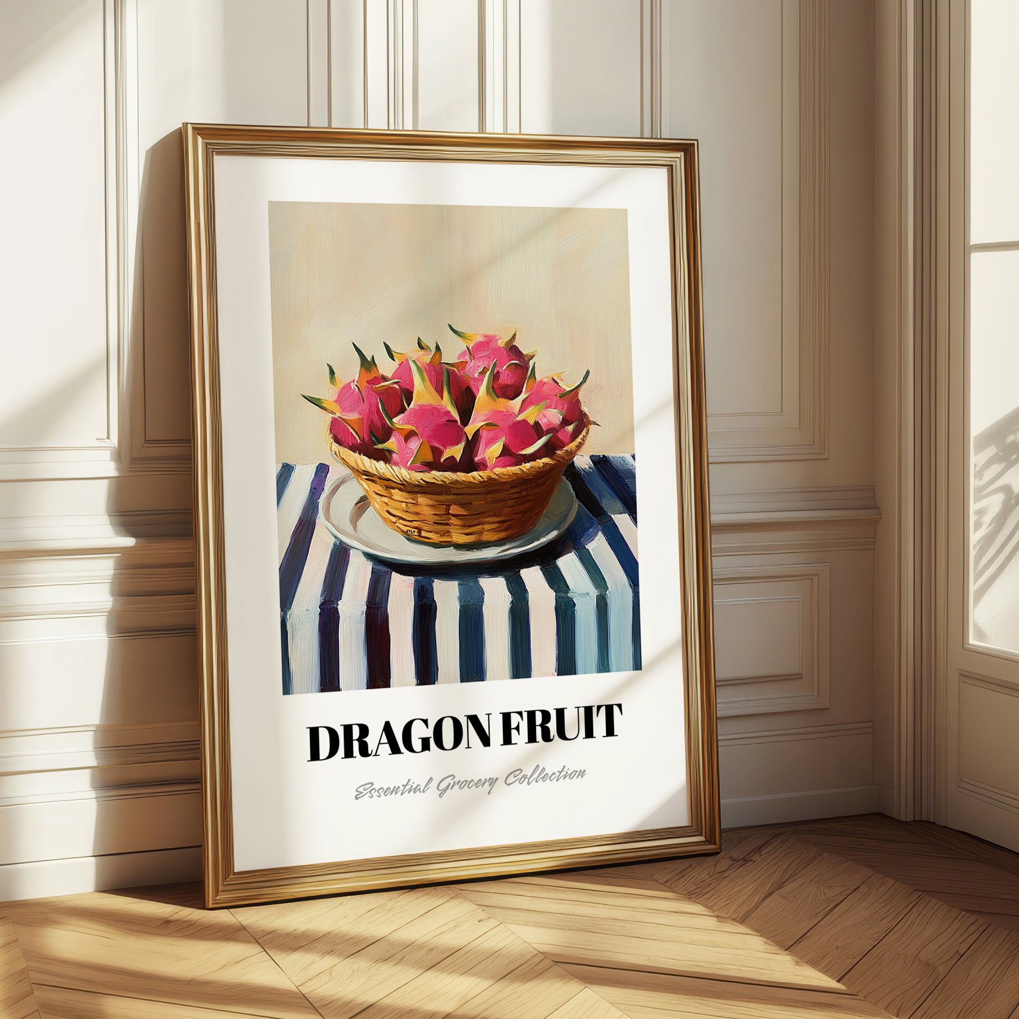 Dragon Fruit – on Striped Tablecloth, Fruit Illustration