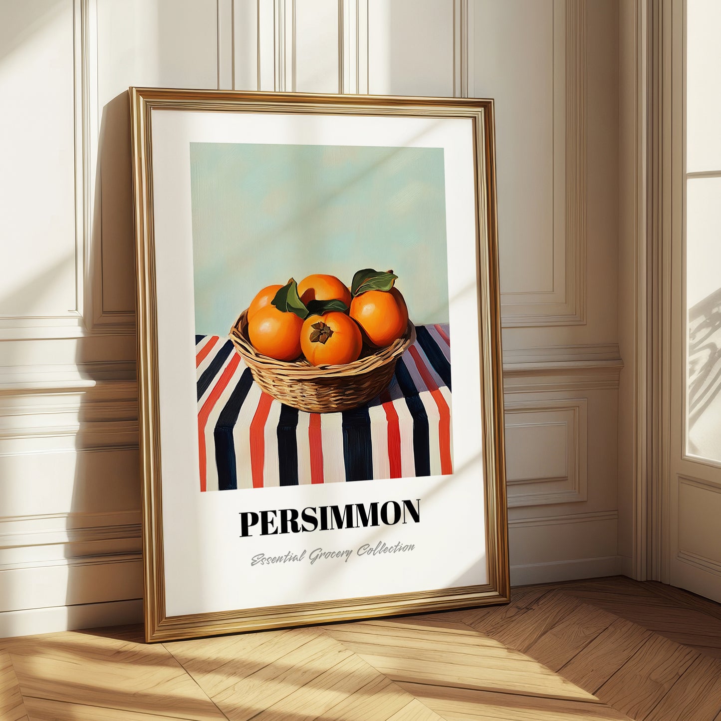 Persimmon – on Striped Tablecloth, Fruit Still Life