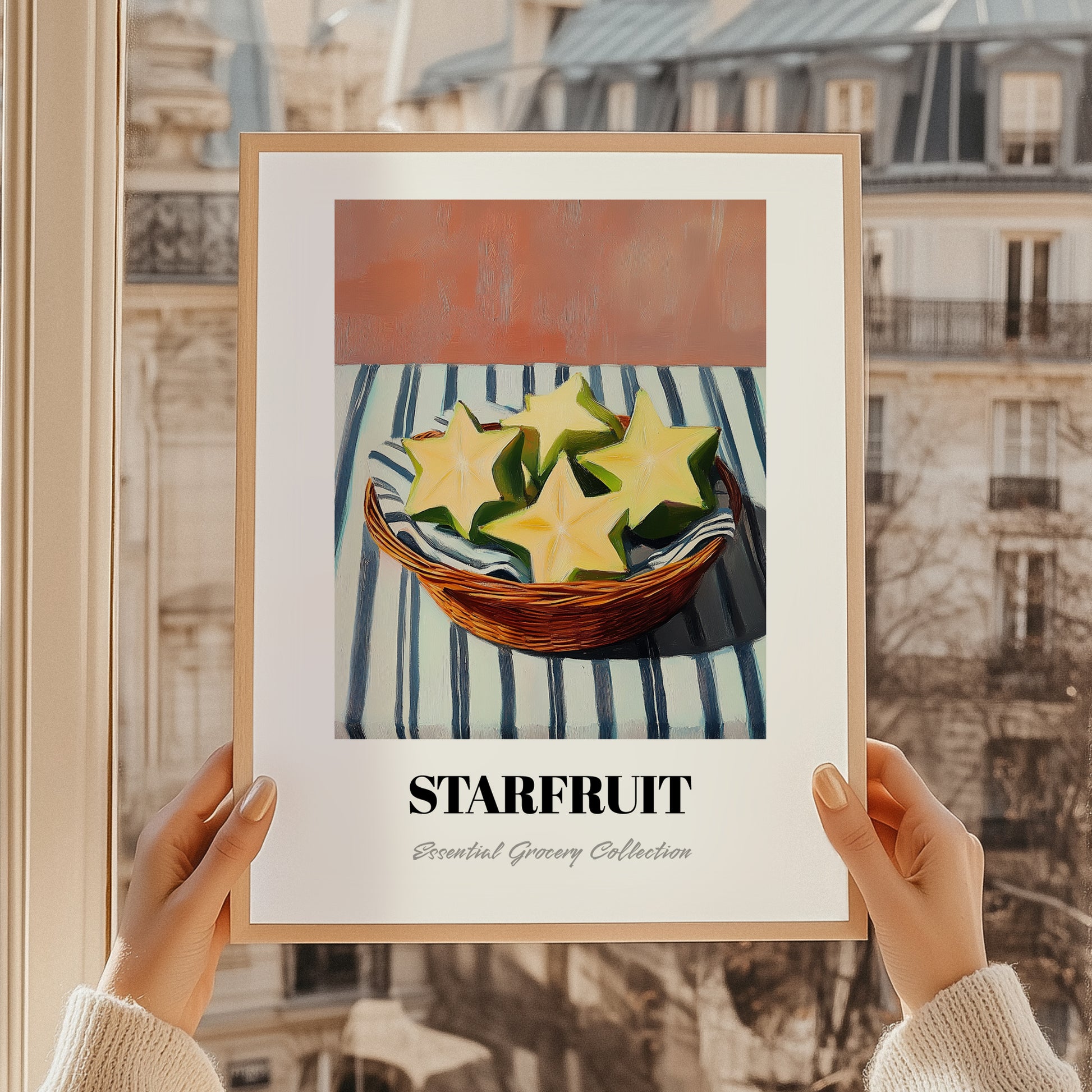 Starfruit – on Striped Tablecloth, Fruit Wall Decor, styled in a charming Paris street view