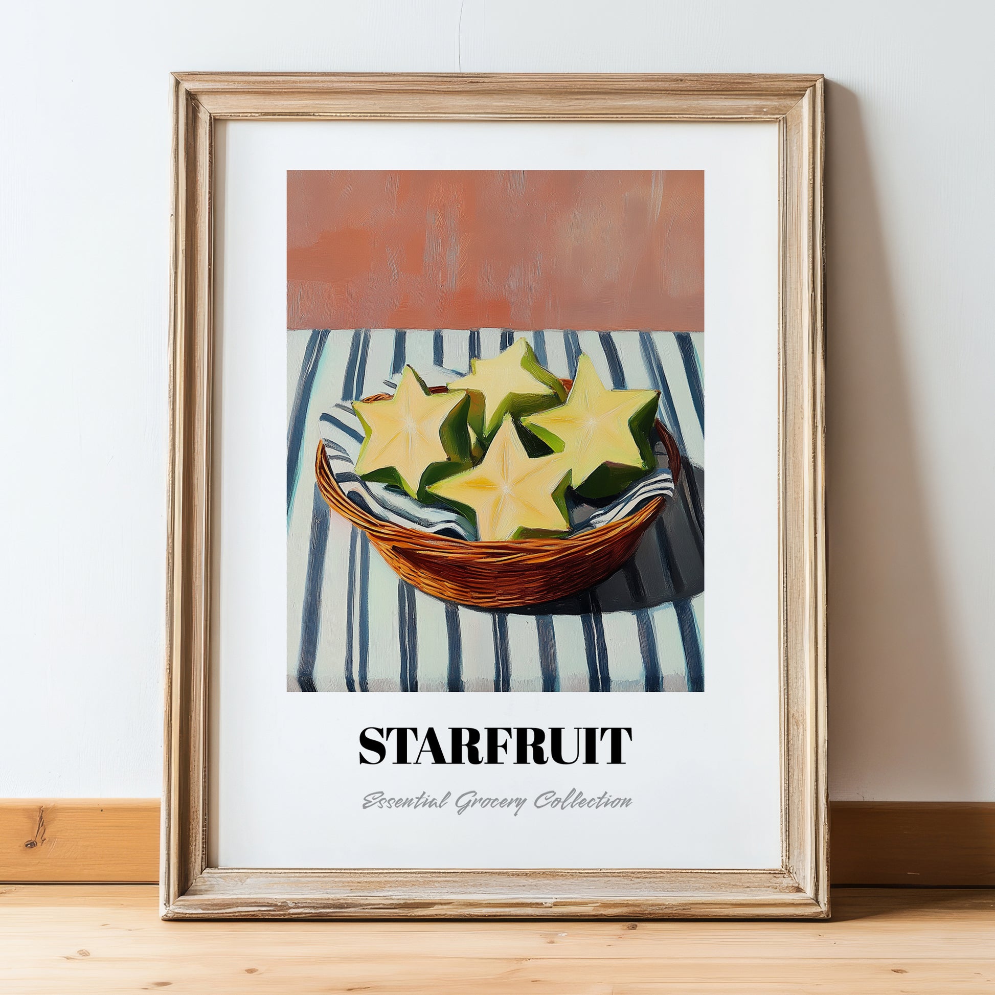 Starfruit – on Striped Tablecloth, Fruit Wall Decor, in wooden frame leaning on the floor