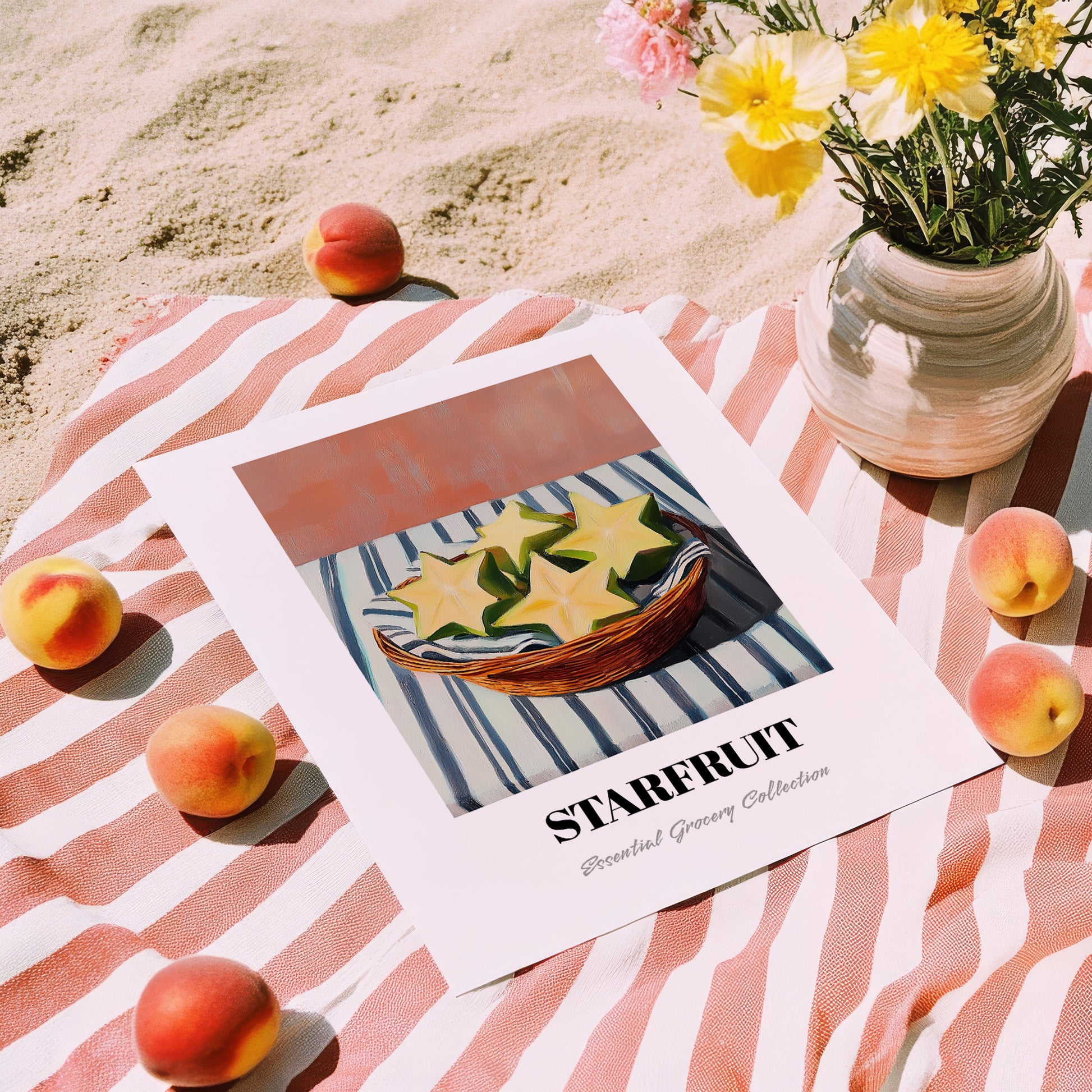 Starfruit – on Striped Tablecloth, Fruit Wall Decor, unframed on coastal sand