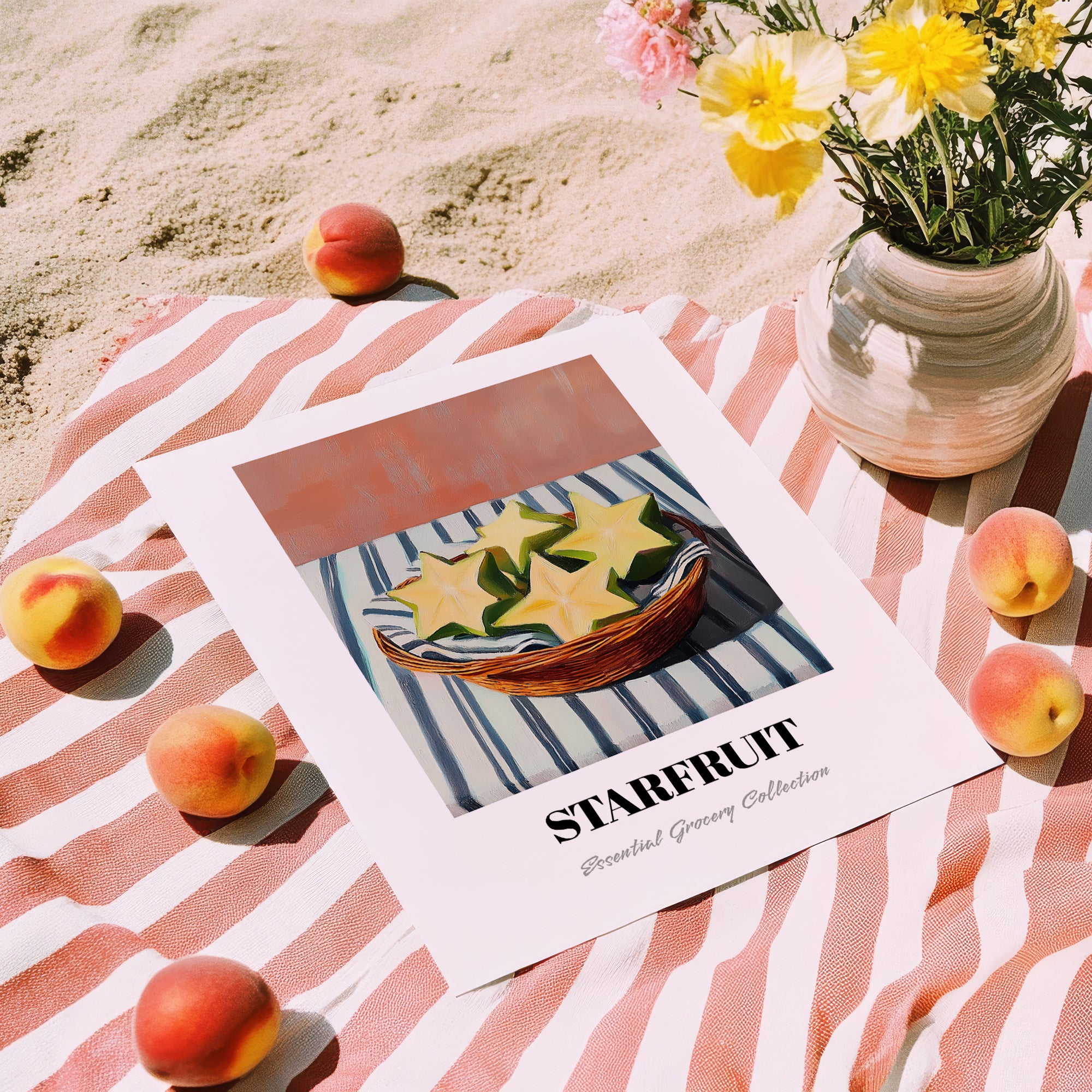 Starfruit – on Striped Tablecloth, Fruit Wall Decor, unframed on coastal sand