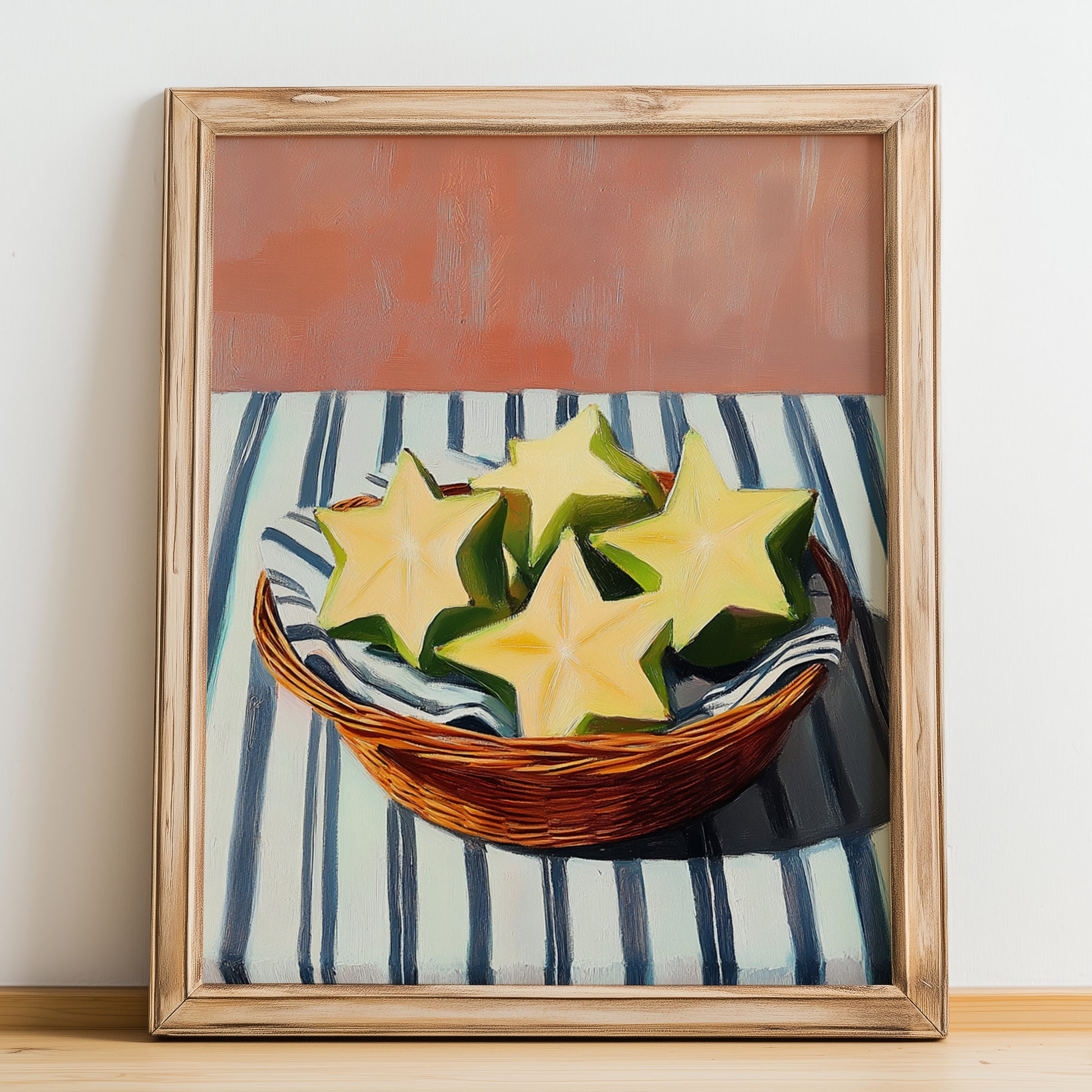 Starfruit – on Striped Tablecloth, Fruit Wall Decor, no-text version framed in wood