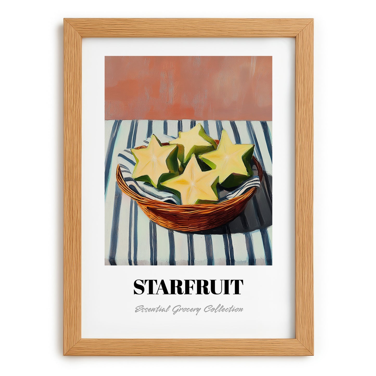 Starfruit – on Striped Tablecloth, Fruit Wall Decor, set in oak frame