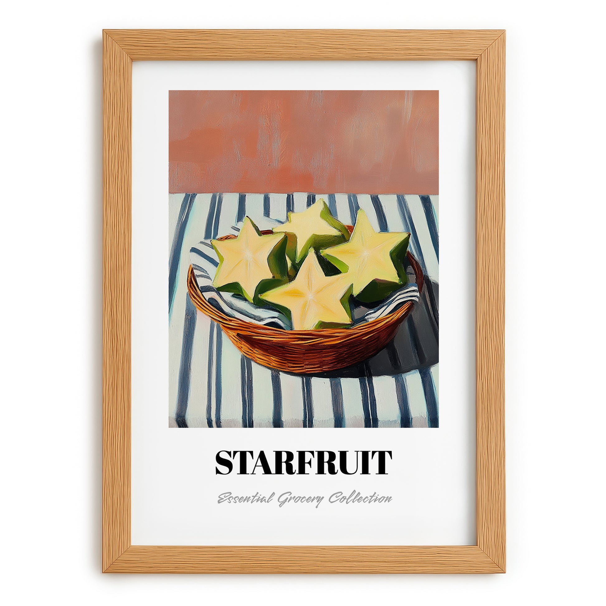 Starfruit – on Striped Tablecloth, Fruit Wall Decor, set in oak frame