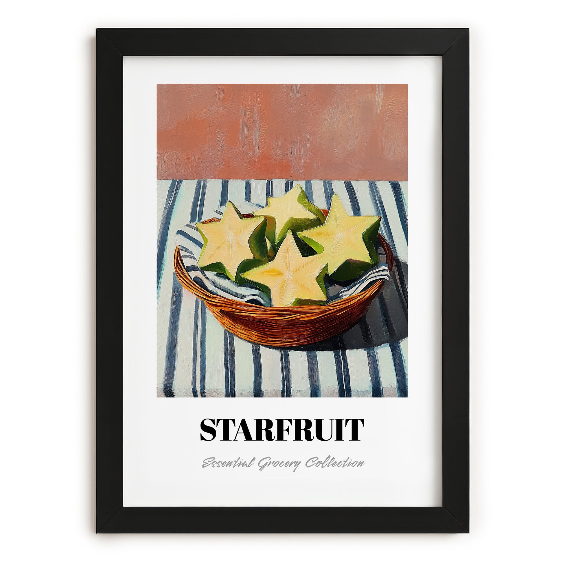 Starfruit – on Striped Tablecloth, Fruit Wall Decor, in sleek black frame