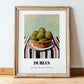 Durian – on Striped Tablecloth, Fruit Poster, in wooden frame leaning on the floor