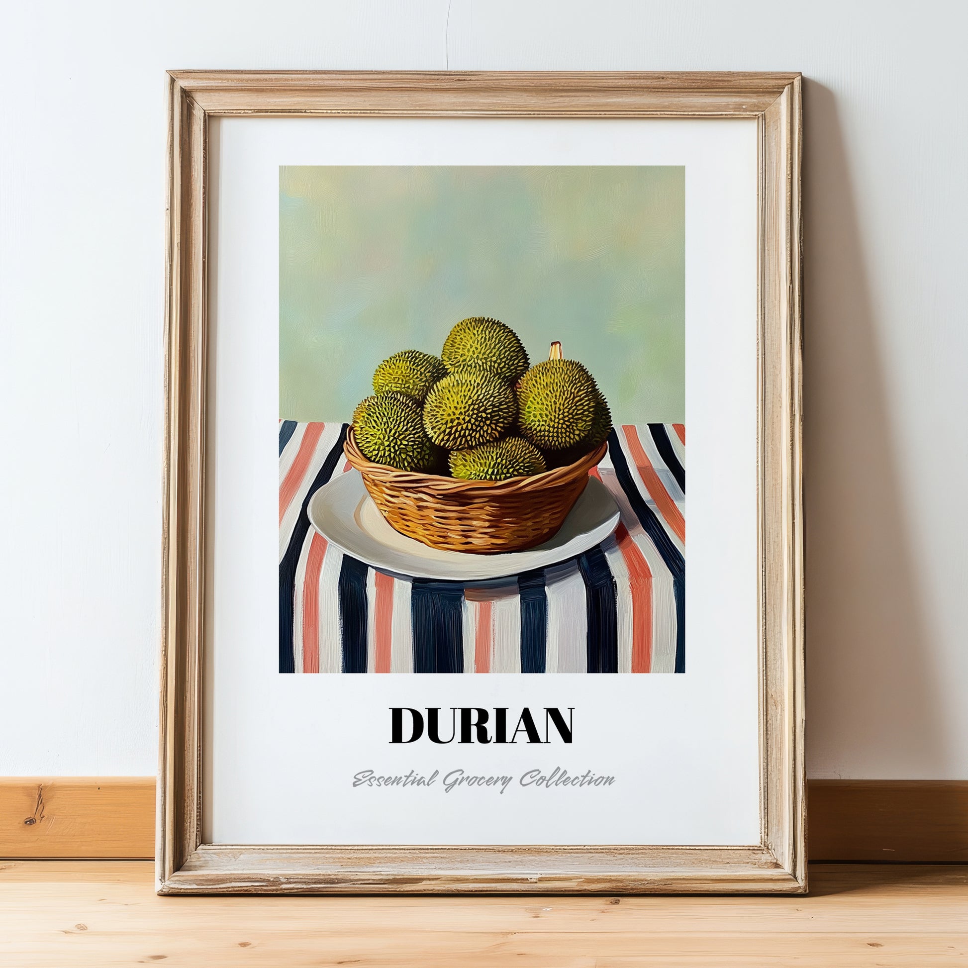 Durian – on Striped Tablecloth, Fruit Poster, in wooden frame leaning on the floor