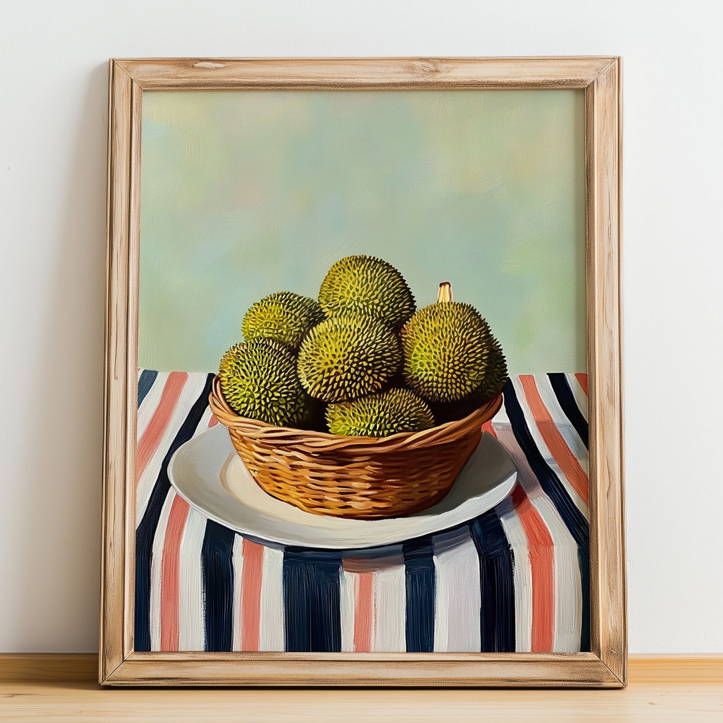 Durian – on Striped Tablecloth, Fruit Poster, no-text version framed in wood