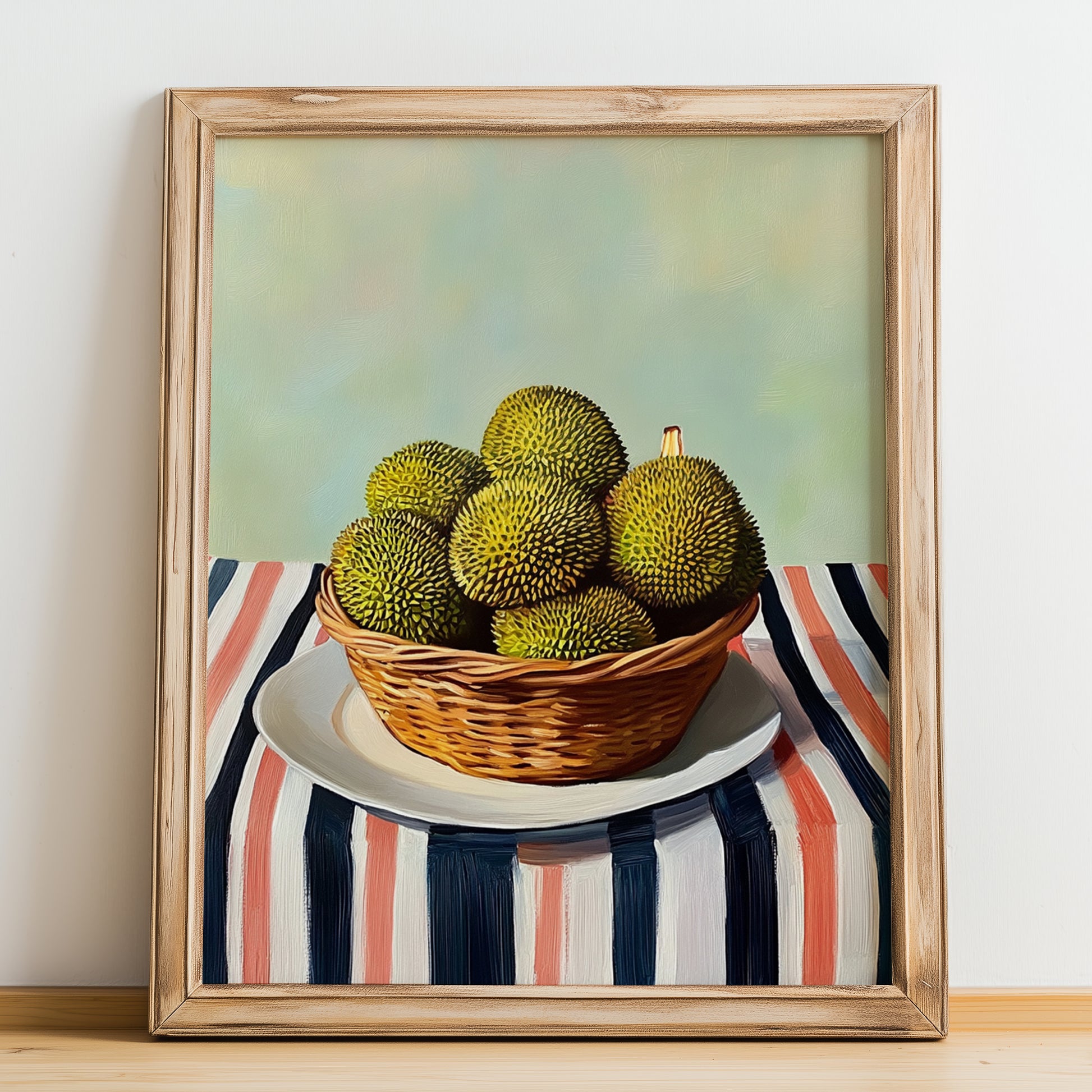 Durian – on Striped Tablecloth, Fruit Poster, no-text version framed in wood
