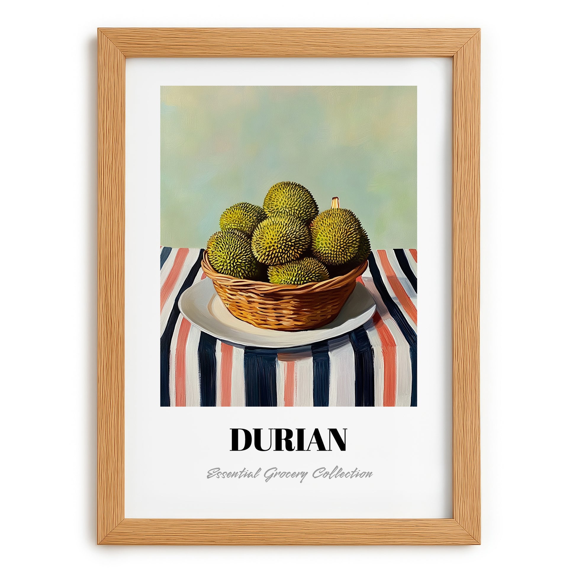 Durian – on Striped Tablecloth, Fruit Poster, set in oak frame