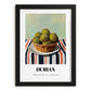 Durian – on Striped Tablecloth, Fruit Poster, in sleek black frame