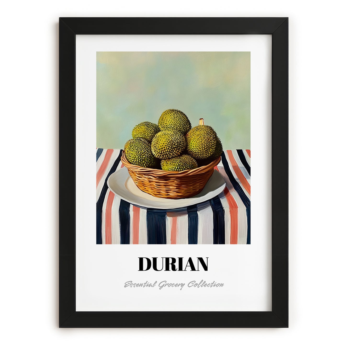 Durian – on Striped Tablecloth, Fruit Poster, in sleek black frame