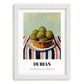 Durian – on Striped Tablecloth, Fruit Poster, placed in minimal white frame