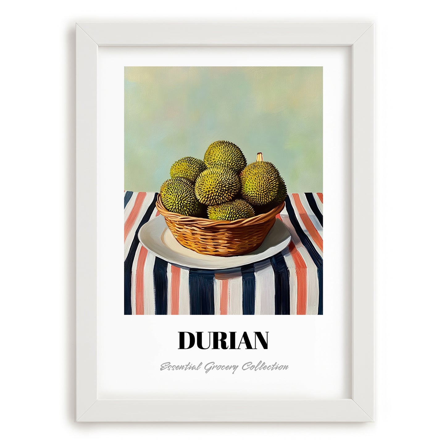 Durian – on Striped Tablecloth, Fruit Poster, placed in minimal white frame