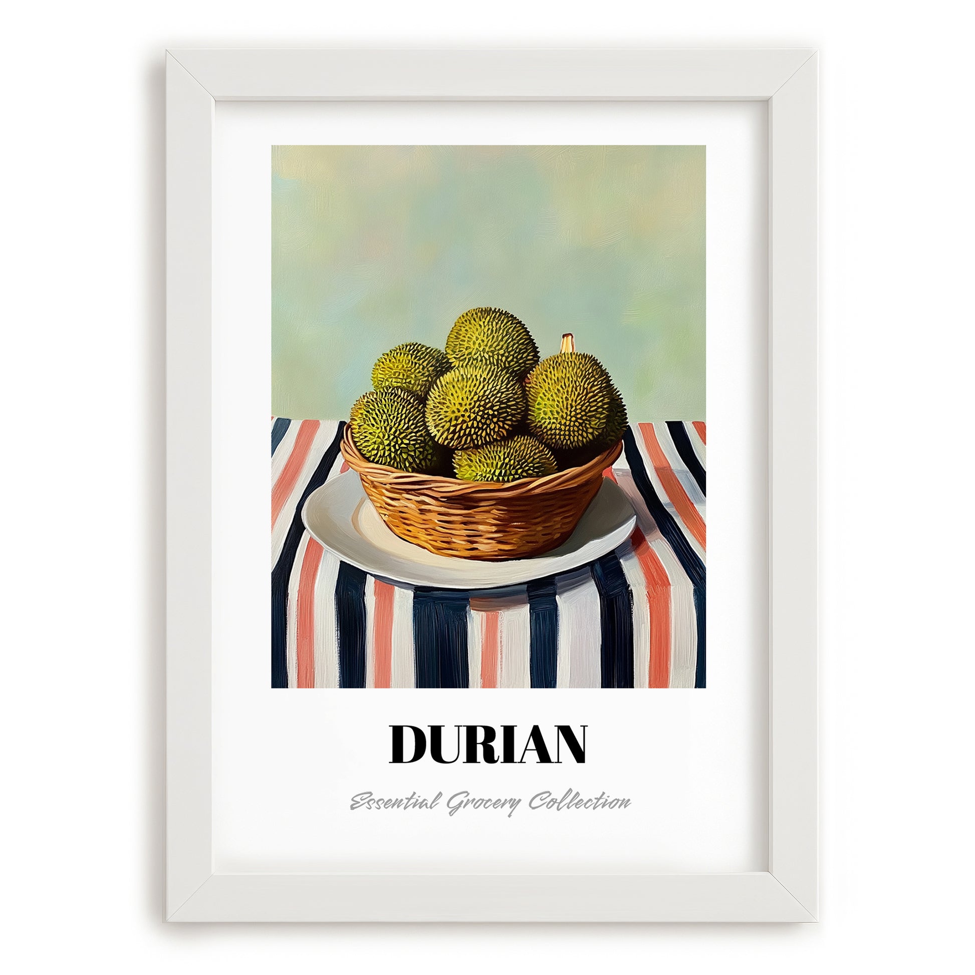 Durian – on Striped Tablecloth, Fruit Poster, placed in minimal white frame
