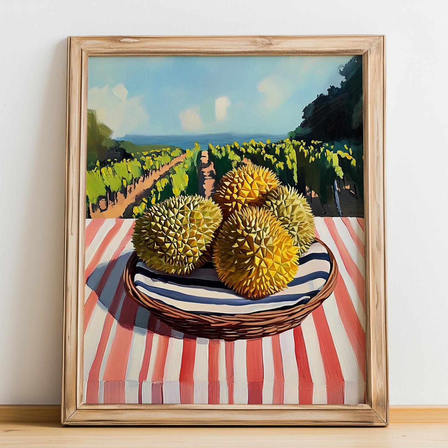 Durian – Valley Café Scene, Fruit Painting, no-text version framed in wood