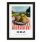 Durian – Valley Café Scene, Fruit Painting, in sleek black frame