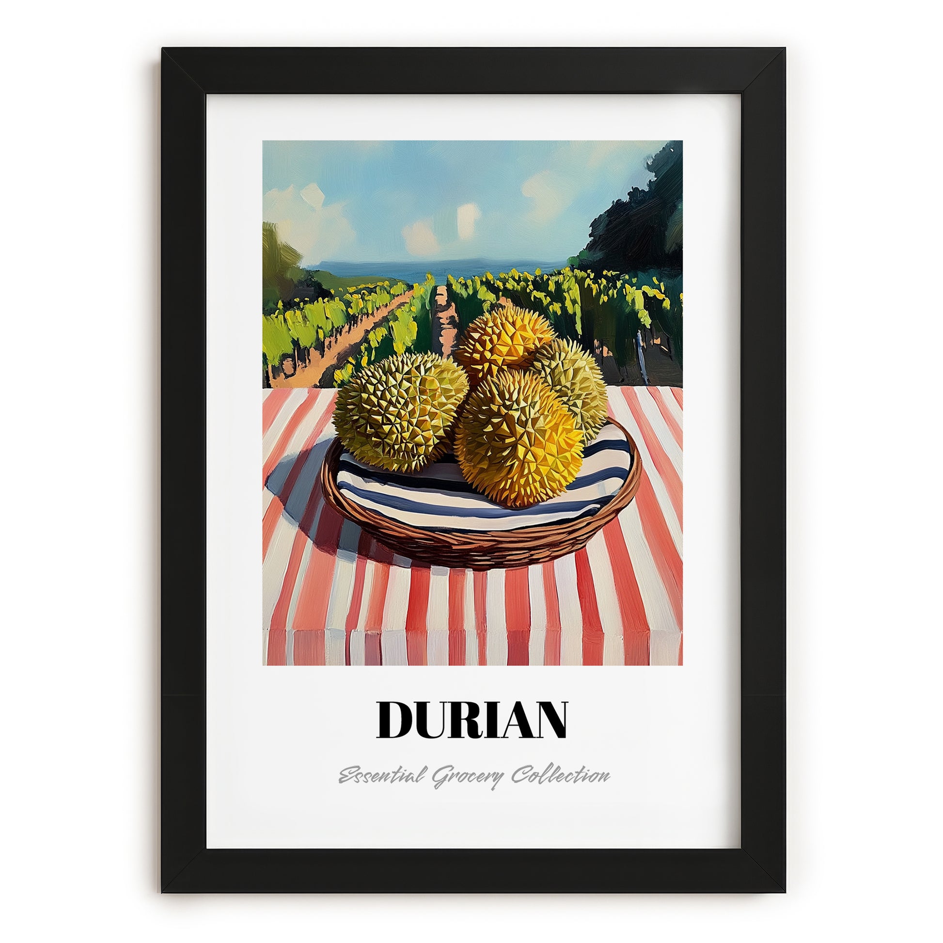 Durian – Valley Café Scene, Fruit Painting, in sleek black frame