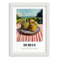 Durian – Valley Café Scene, Fruit Painting, placed in minimal white frame