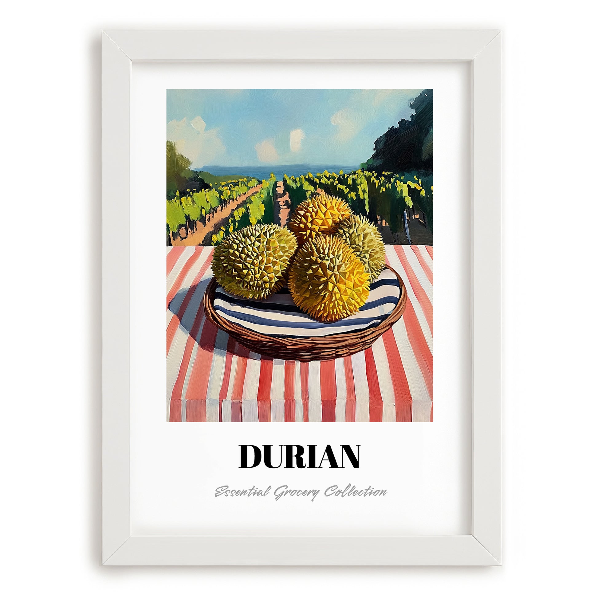 Durian – Valley Café Scene, Fruit Painting, placed in minimal white frame