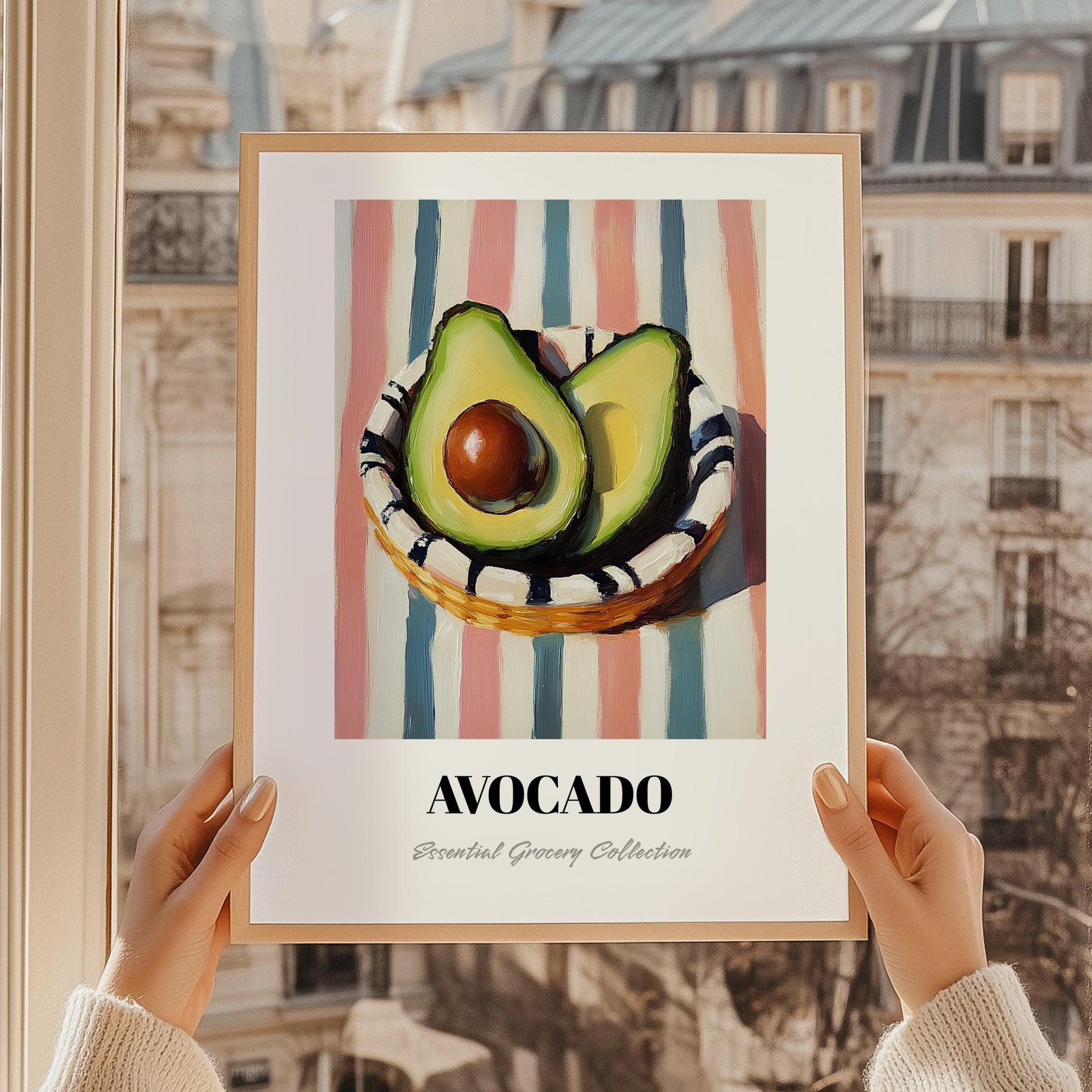 Avocado – on Striped Tablecloth, Vegetable Illustration, styled in a charming Paris street view