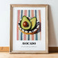 Avocado – on Striped Tablecloth, Vegetable Illustration, in wooden frame leaning on the floor