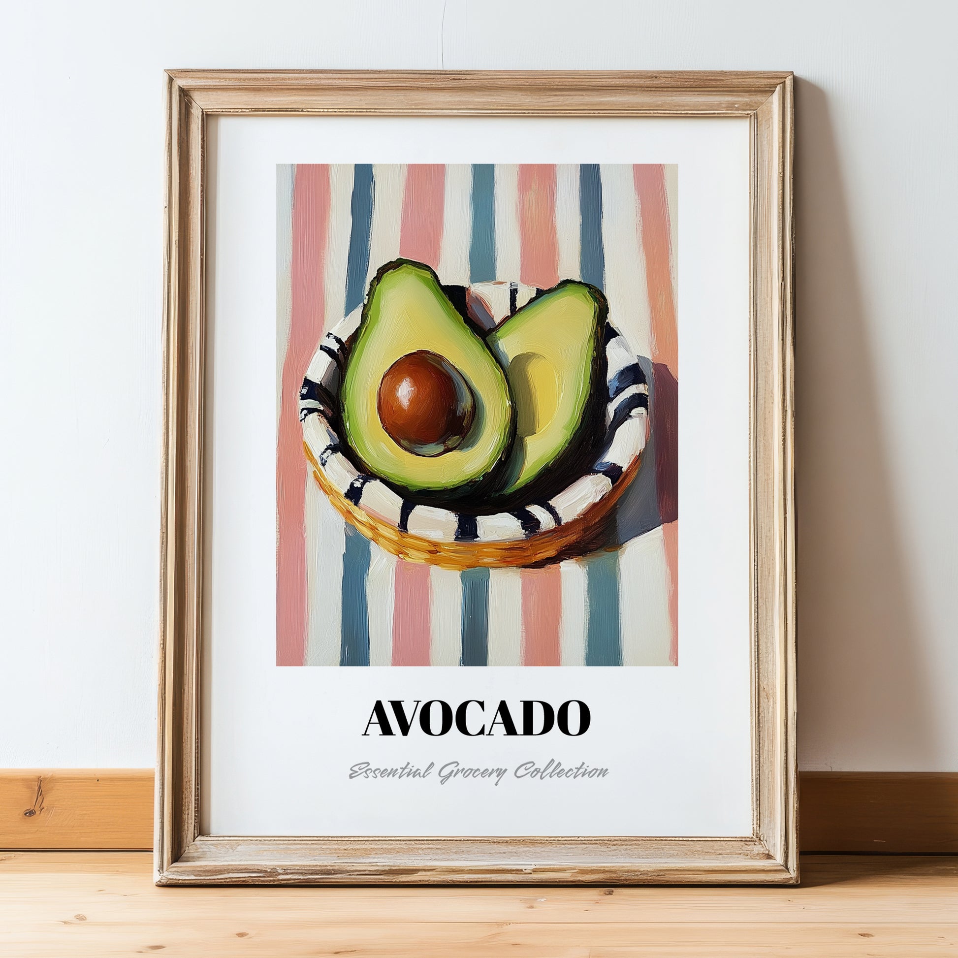 Avocado – on Striped Tablecloth, Vegetable Illustration, in wooden frame leaning on the floor