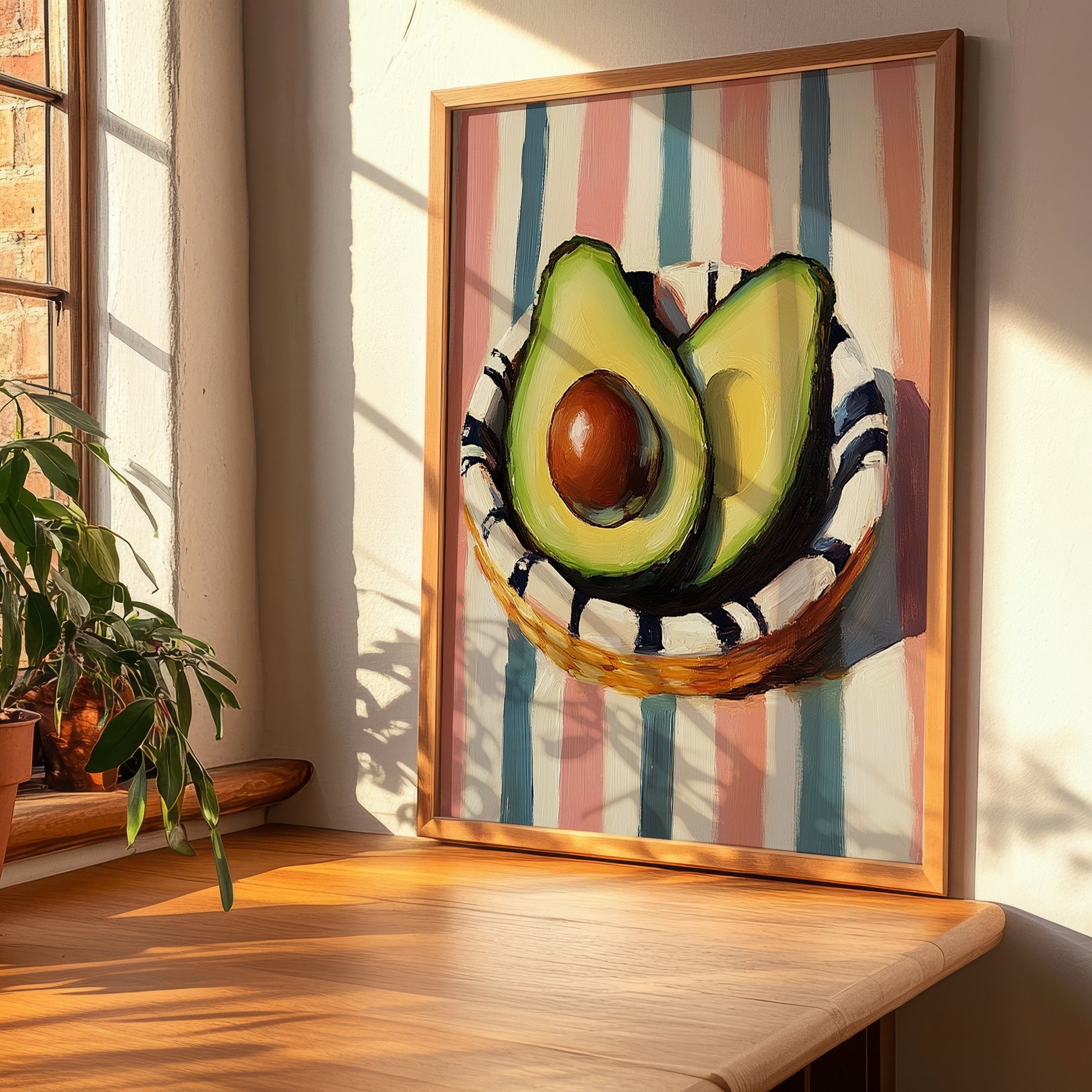 Avocado – on Striped Tablecloth, Vegetable Illustration, clean layout with no caption