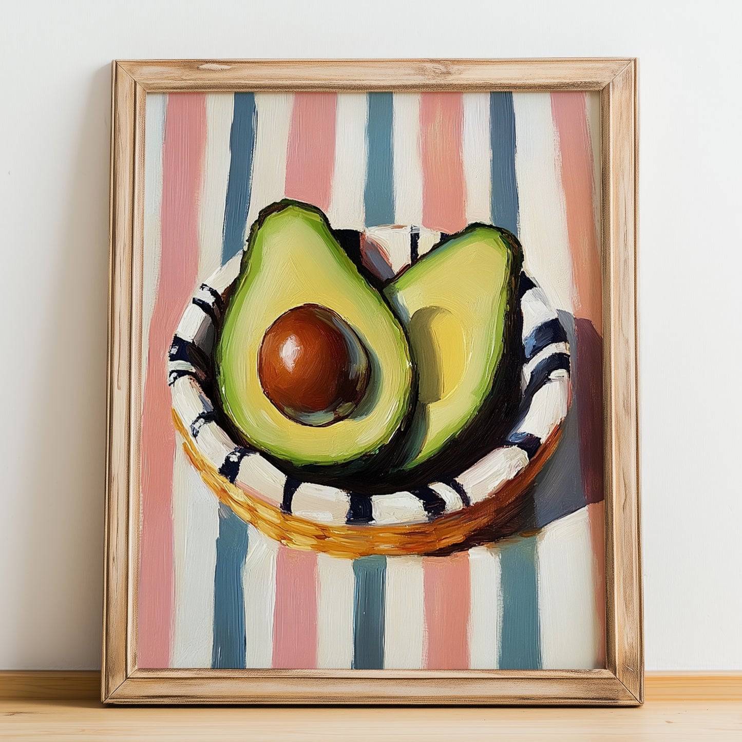Avocado – on Striped Tablecloth, Vegetable Illustration, no-text version framed in wood