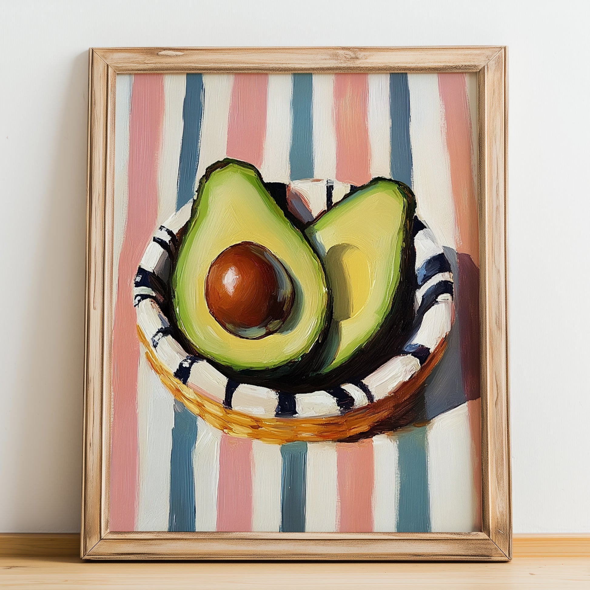 Avocado – on Striped Tablecloth, Vegetable Illustration, no-text version framed in wood
