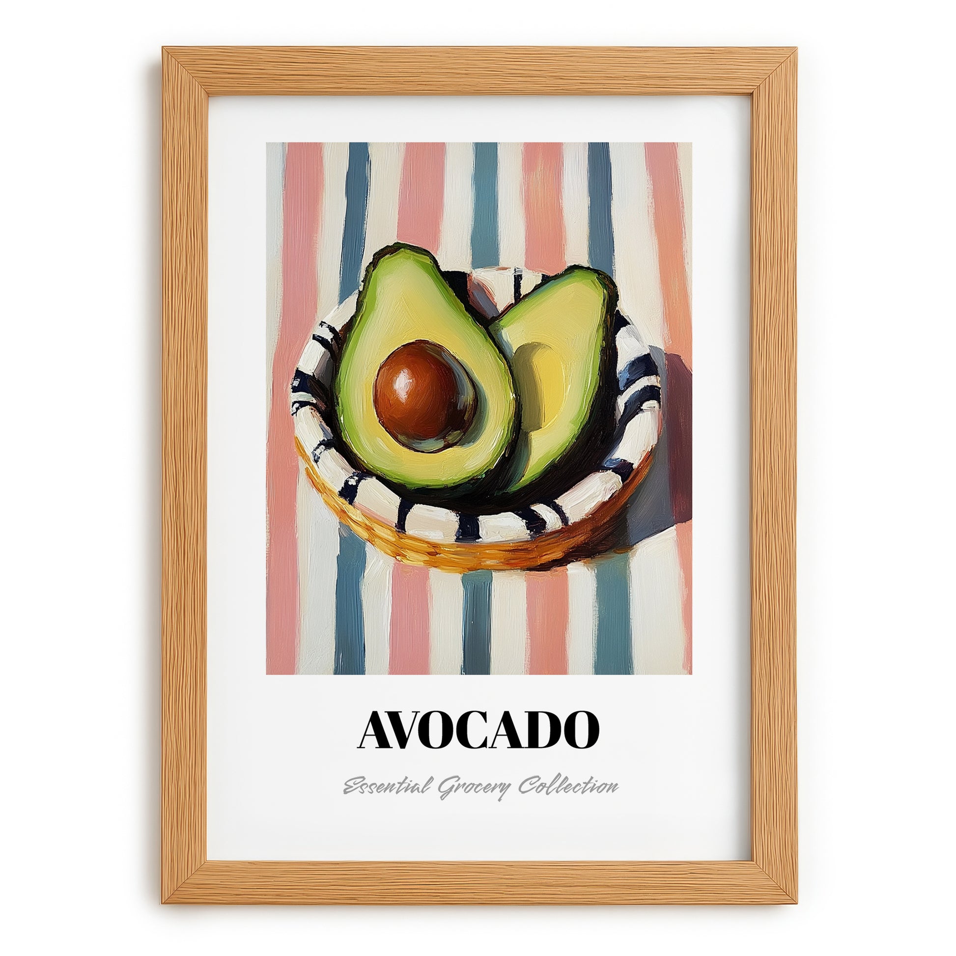 Avocado – on Striped Tablecloth, Vegetable Illustration, set in oak frame