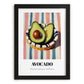 Avocado – on Striped Tablecloth, Vegetable Illustration, in sleek black frame