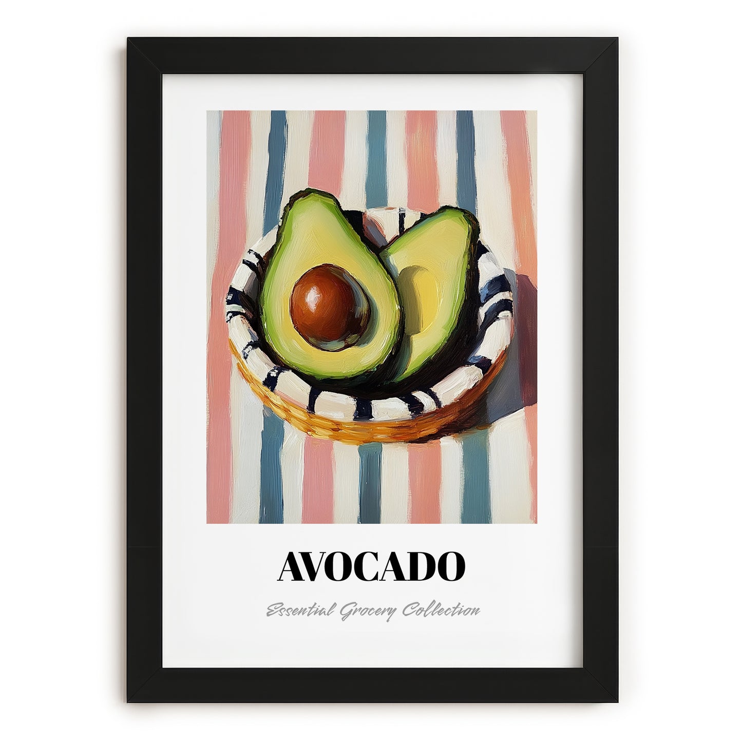 Avocado – on Striped Tablecloth, Vegetable Illustration, in sleek black frame