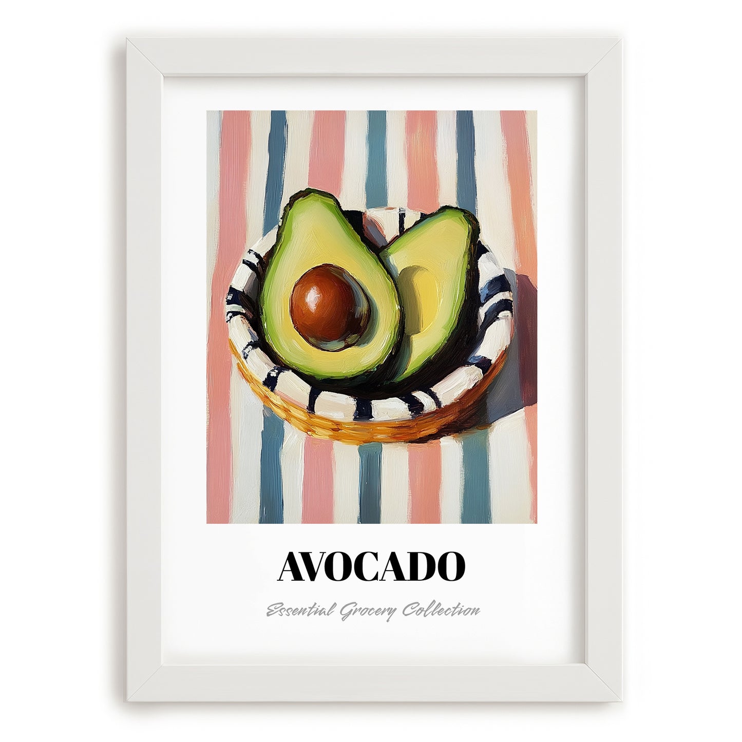 Avocado – on Striped Tablecloth, Vegetable Illustration, placed in minimal white frame