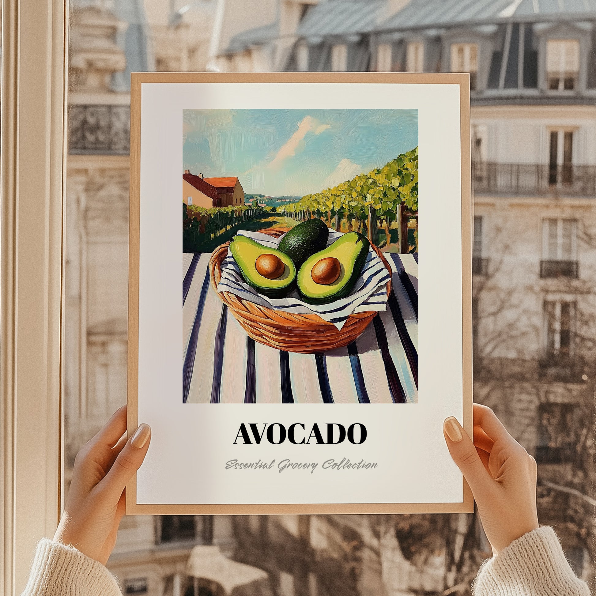 Avocado – Valley Café Scene, Vegetable Poster, styled in a charming Paris street view