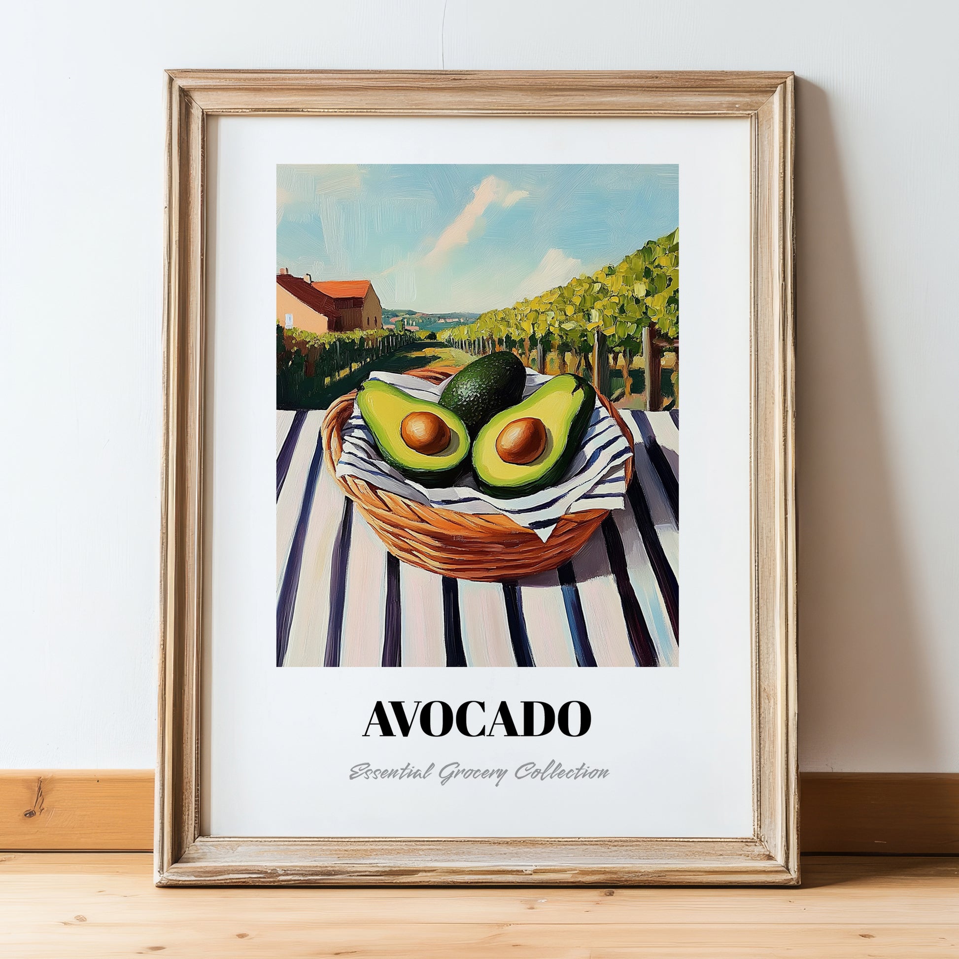 Avocado – Valley Café Scene, Vegetable Poster, in wooden frame leaning on the floor