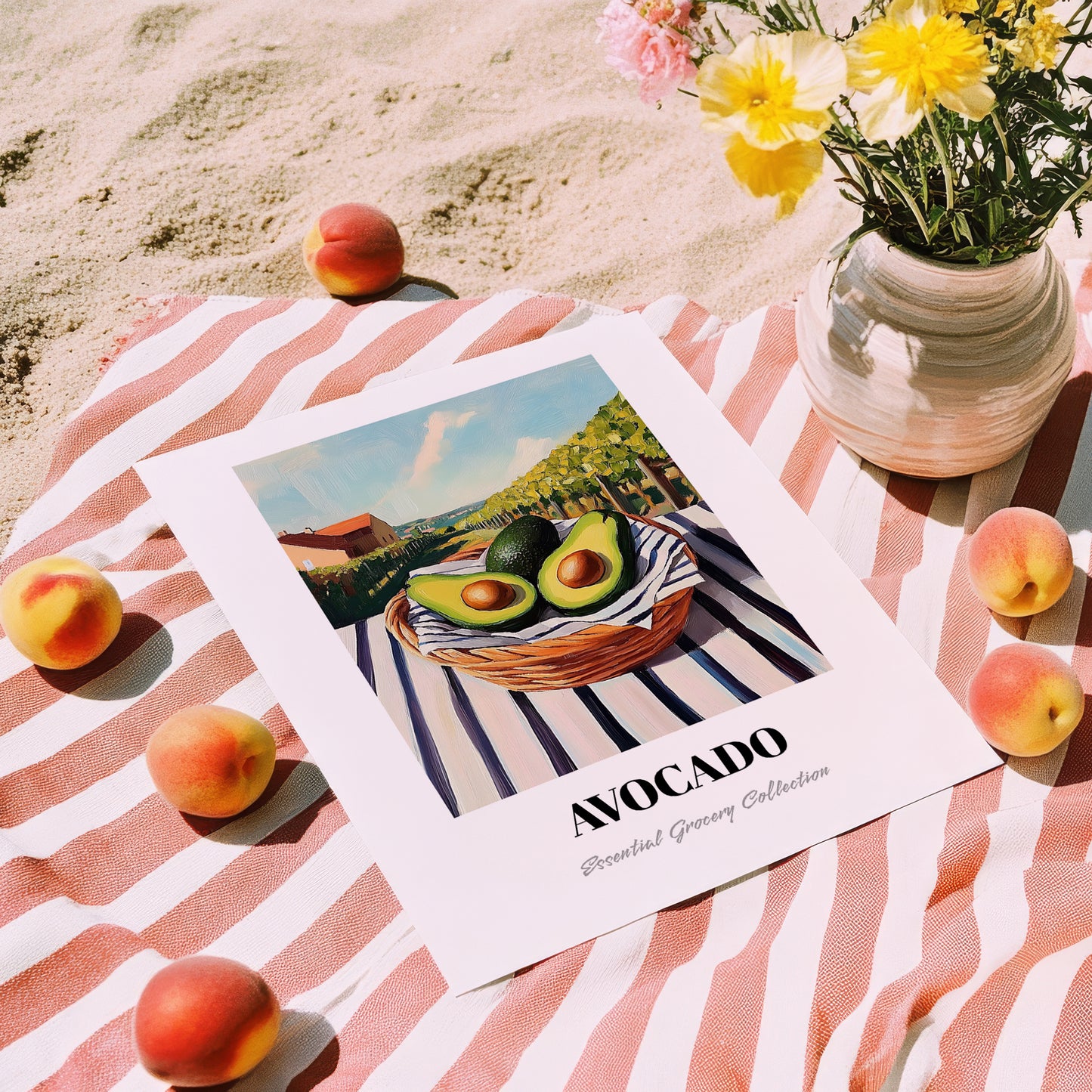 Avocado – Valley Café Scene, Vegetable Poster, unframed on coastal sand