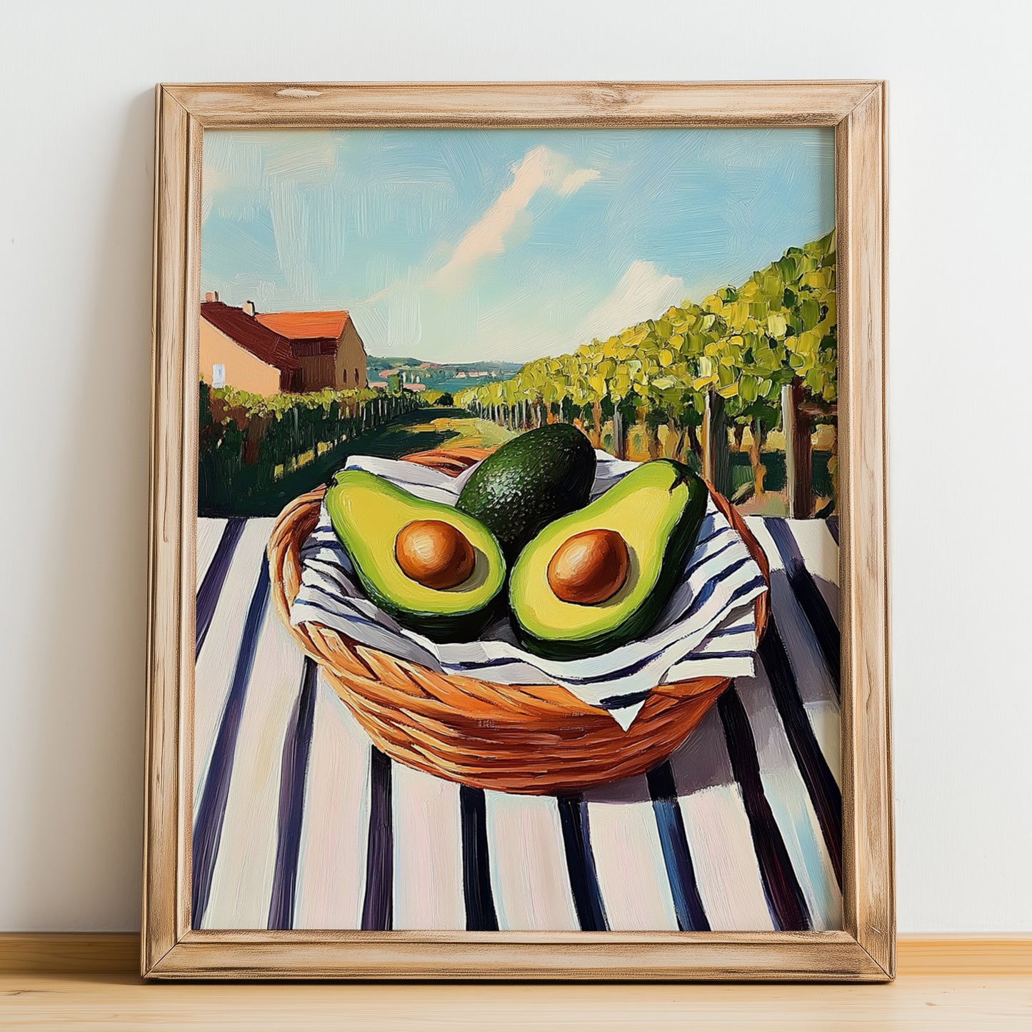 Avocado – Valley Café Scene, Vegetable Poster, no-text version framed in wood