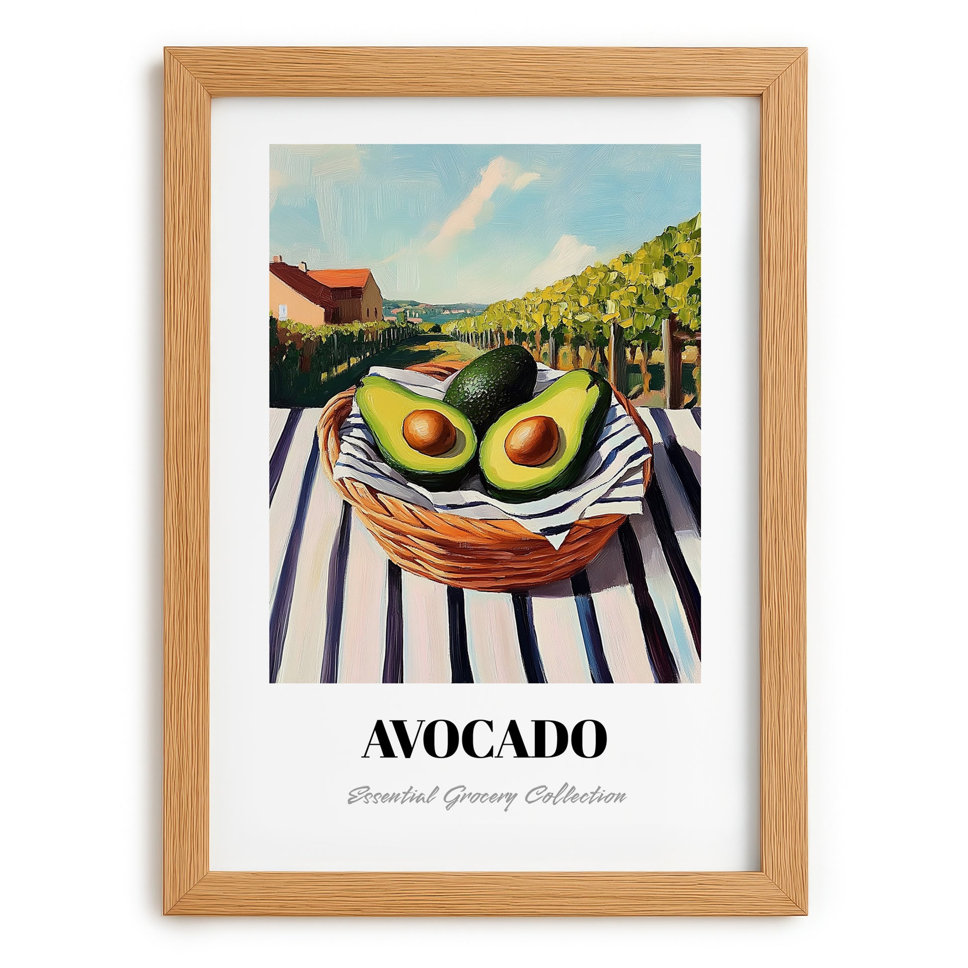 Avocado – Valley Café Scene, Vegetable Poster, set in oak frame